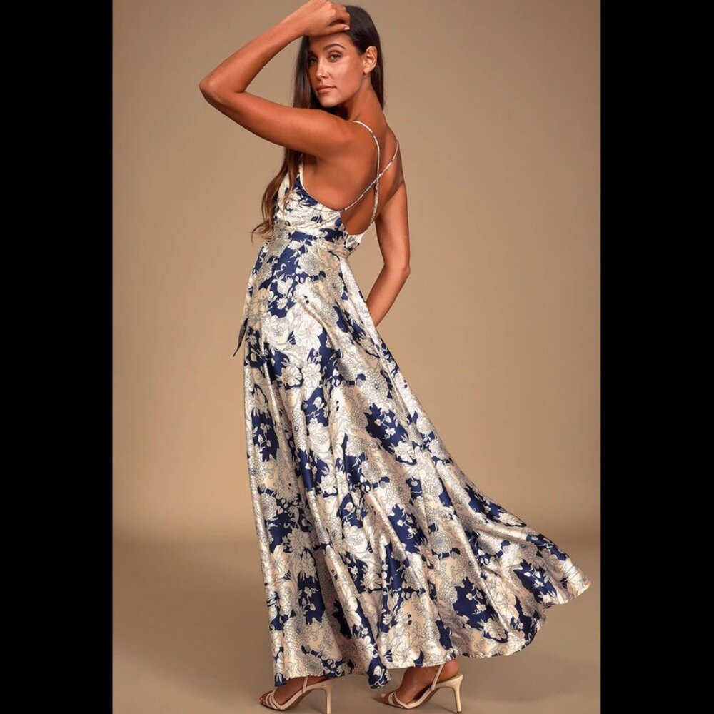 Lulu's Tea Gardens Navy Blue Floral Print Satin Maxi Dress | Medium